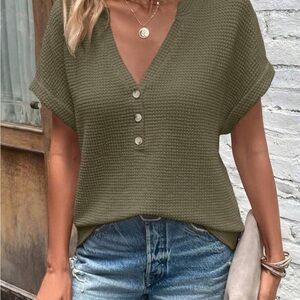 SHEIN Olive Green V-Neck Button Knit Top